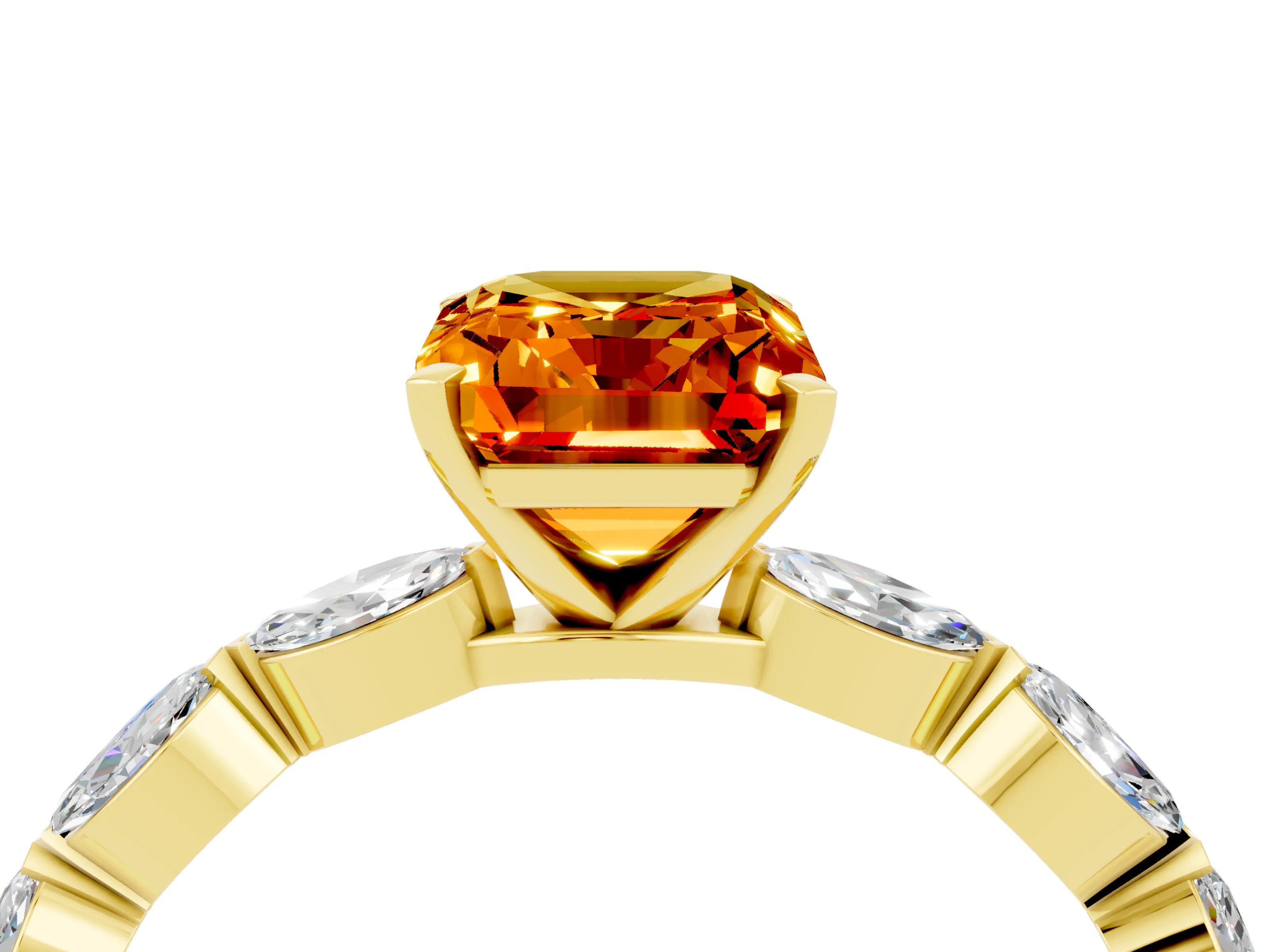 Yellow gold Emerald Cut Citrine Ring with Marquise Side Stones and Prong Setting_4