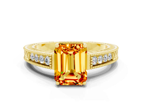 Yellow gold Emerald Cut Citrine Ring with Milgrain Pavé Band and Four-Prong Setting_12