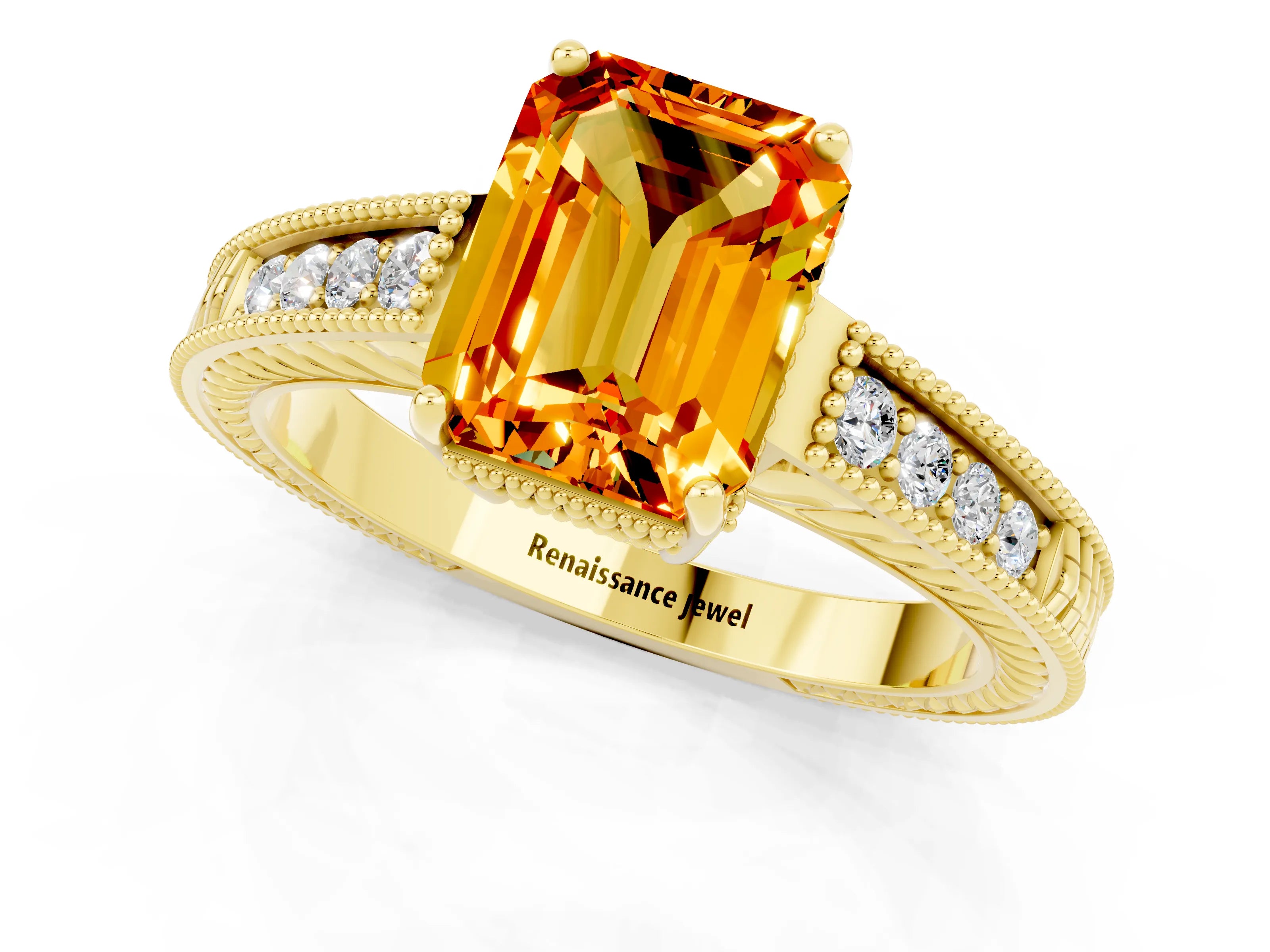 Yellow gold Emerald Cut Citrine Ring with Milgrain Pavé Band and Four-Prong Setting_13