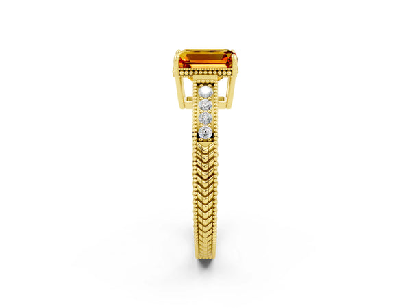 Yellow gold Emerald Cut Citrine Ring with Milgrain Pavé Band and Four-Prong Setting