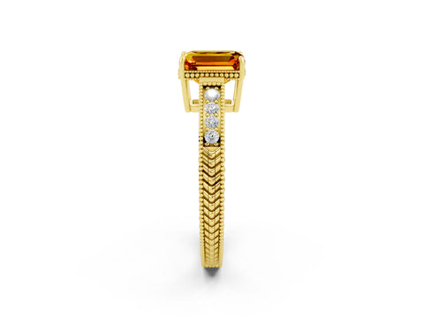 Yellow gold Emerald Cut Citrine Ring with Milgrain Pavé Band and Four-Prong Setting_14