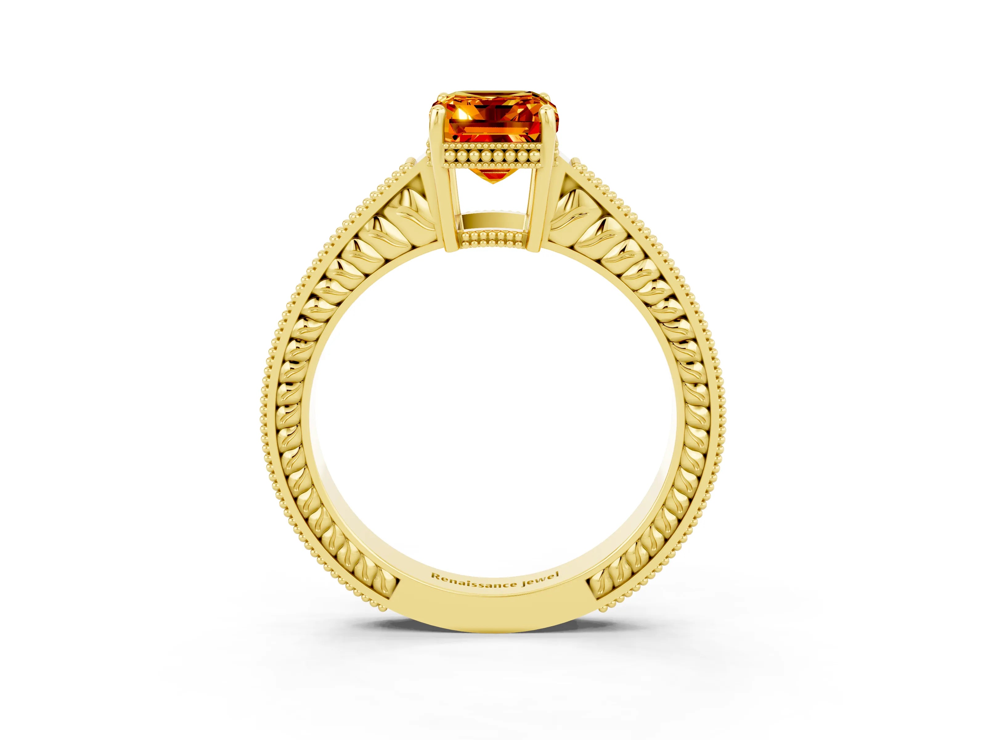 Yellow gold Emerald Cut Citrine Ring with Milgrain Pavé Band and Four-Prong Setting_15