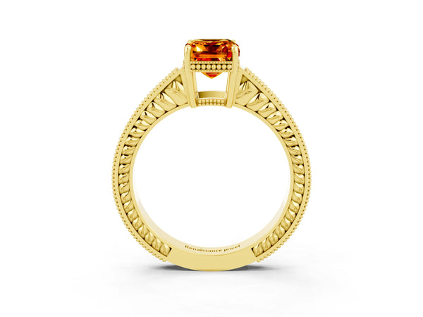 Yellow gold Emerald Cut Citrine Ring with Milgrain Pavé Band and Four-Prong Setting