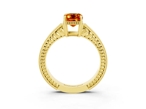 Yellow gold Emerald Cut Citrine Ring with Milgrain Pavé Band and Four-Prong Setting_15