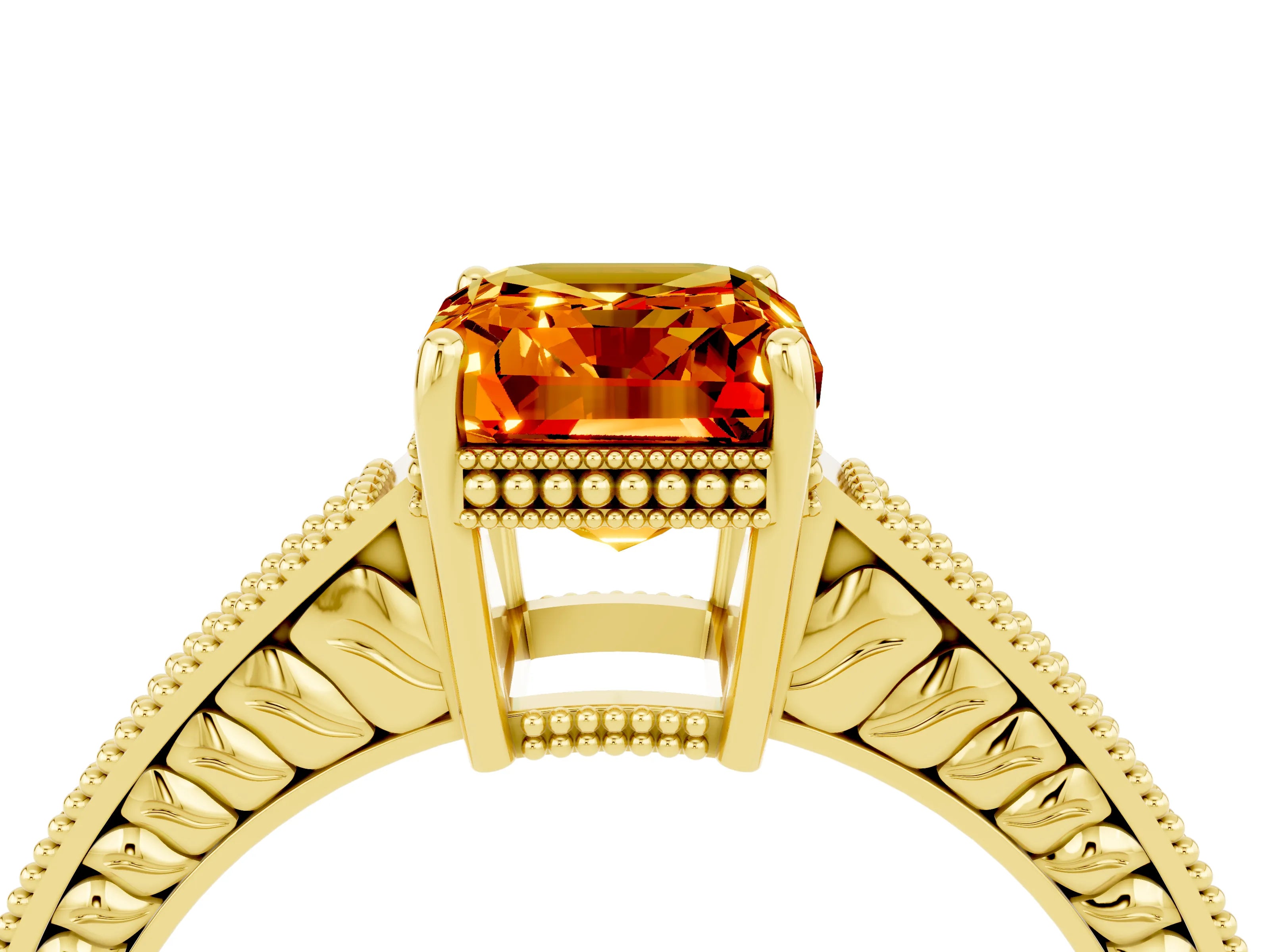 Yellow gold Emerald Cut Citrine Ring with Milgrain Pavé Band and Four-Prong Setting_16