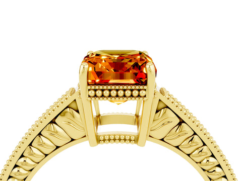 Yellow gold Emerald Cut Citrine Ring with Milgrain Pavé Band and Four-Prong Setting_16