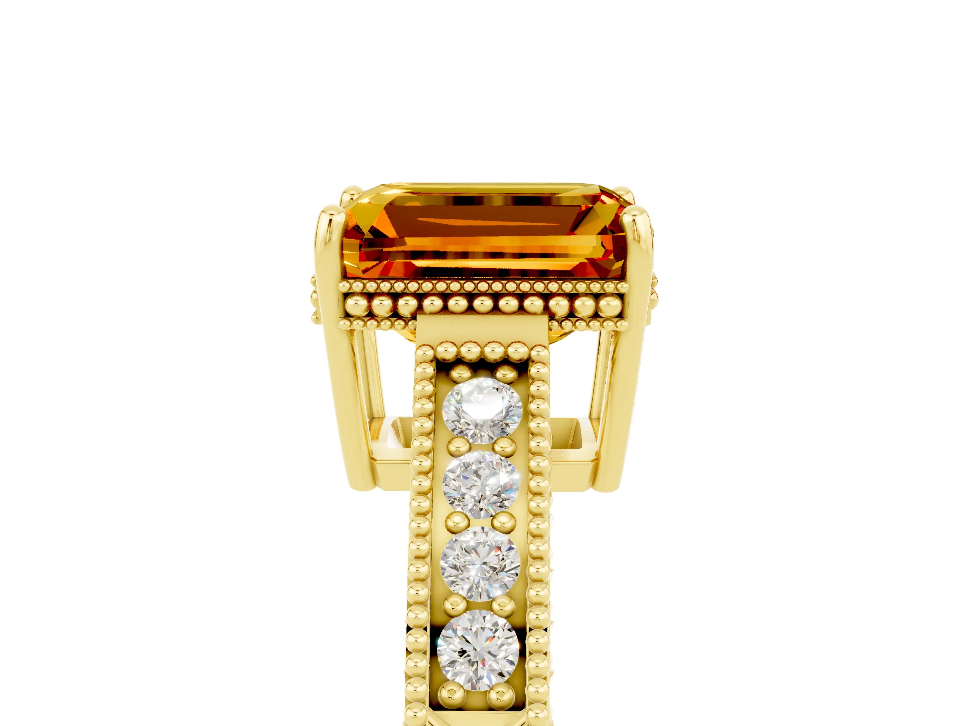Yellow gold Emerald Cut Citrine Ring with Milgrain Pavé Band and Four-Prong Setting_17
