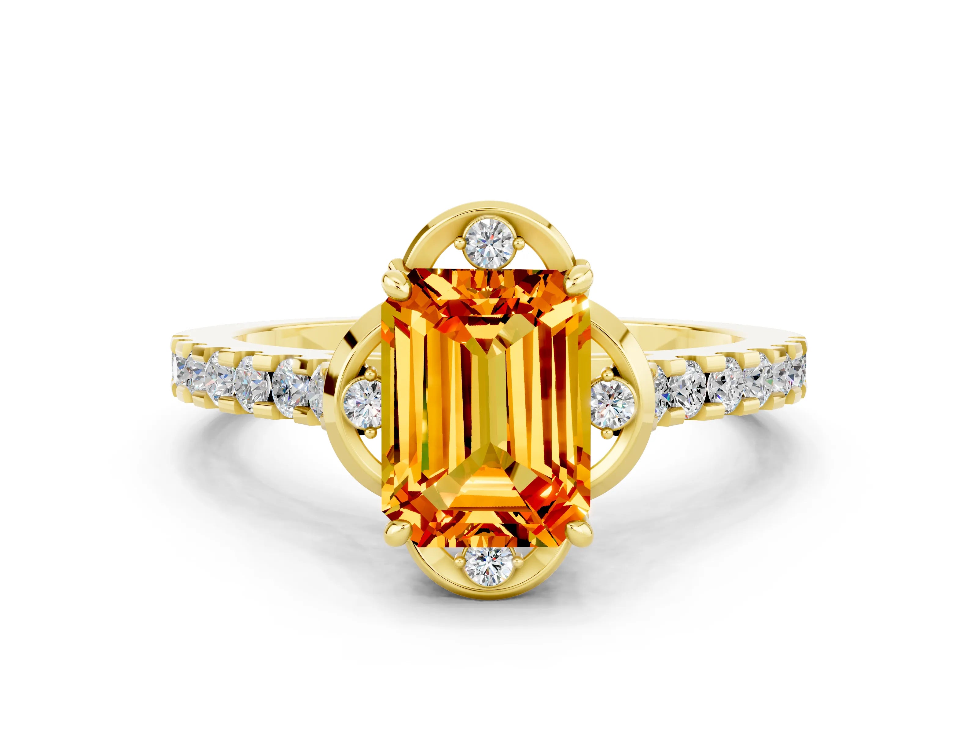Yellow gold Emerald Cut Citrine Ring with Pavé Band and Floral Prong Setting