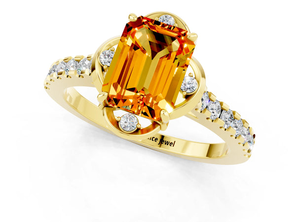 Yellow gold Emerald Cut Citrine Ring with Pavé Band and Floral Prong Setting