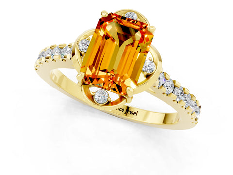 Yellow gold Emerald Cut Citrine Ring with Pavé Band and Floral Prong Setting_1