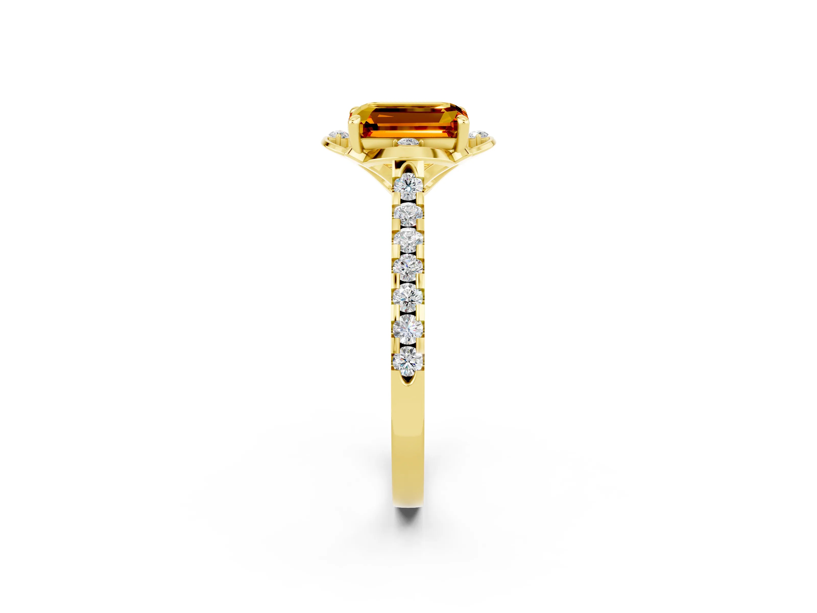 Yellow gold Emerald Cut Citrine Ring with Pavé Band and Floral Prong Setting_2