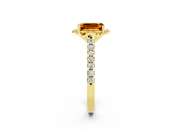 Yellow gold Emerald Cut Citrine Ring with Pavé Band and Floral Prong Setting