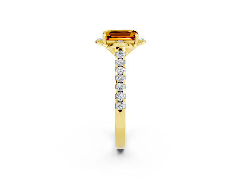 Yellow gold Emerald Cut Citrine Ring with Pavé Band and Floral Prong Setting_2