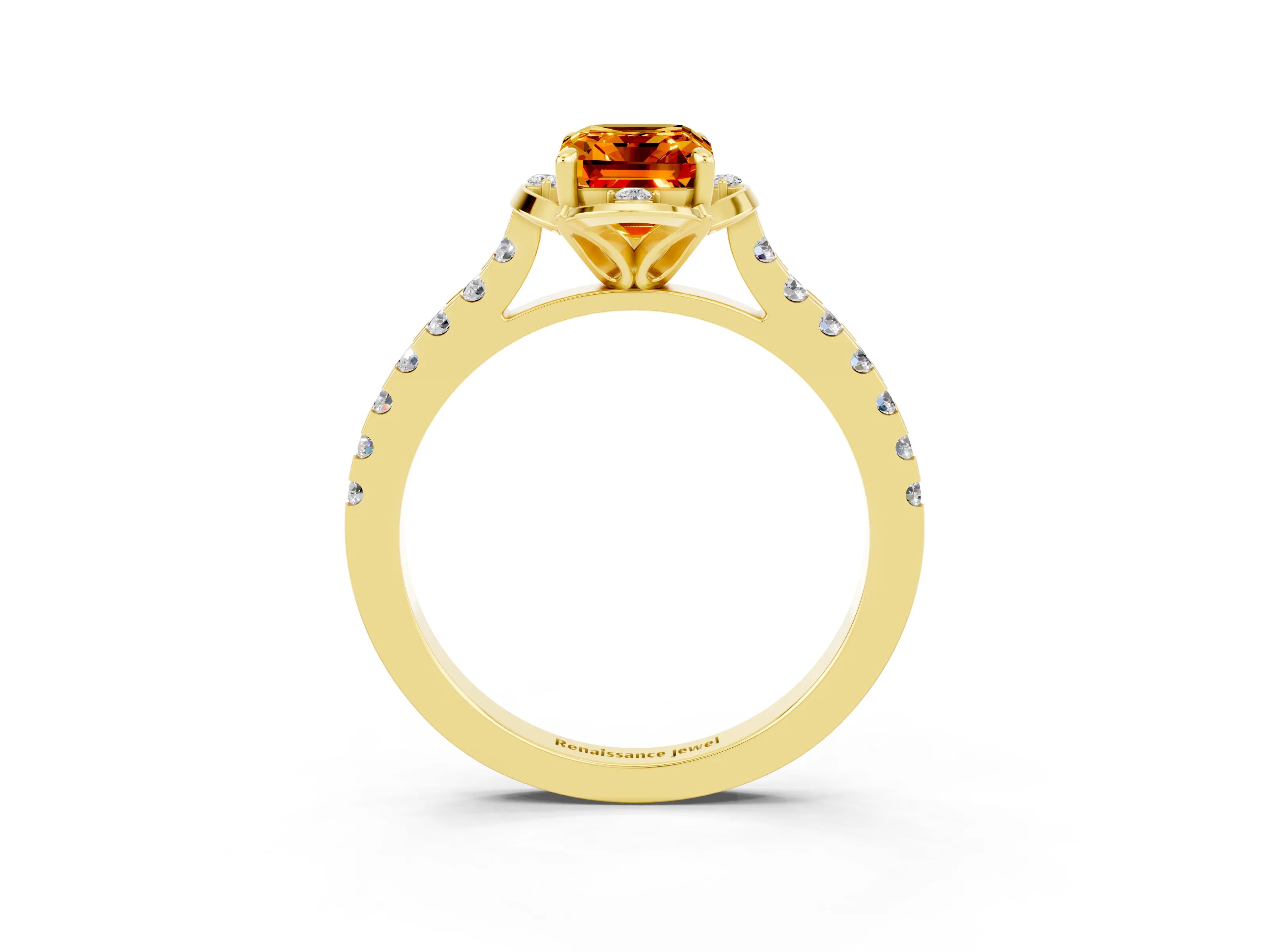 Yellow gold Emerald Cut Citrine Ring with Pavé Band and Floral Prong Setting_3