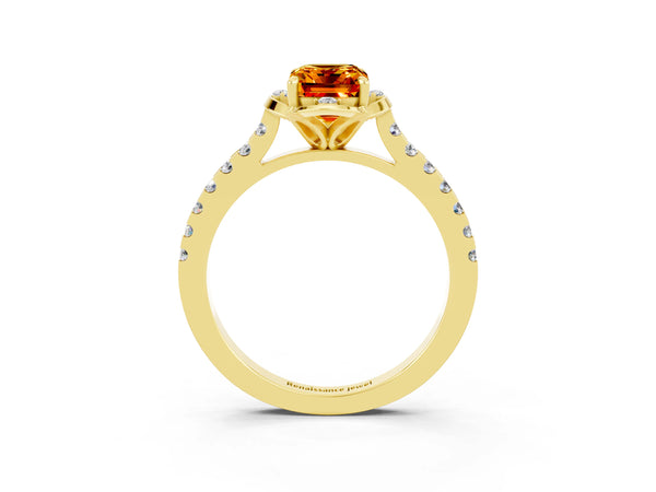 Yellow gold Emerald Cut Citrine Ring with Pavé Band and Floral Prong Setting