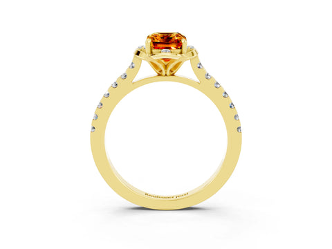 Yellow gold Emerald Cut Citrine Ring with Pavé Band and Floral Prong Setting_3