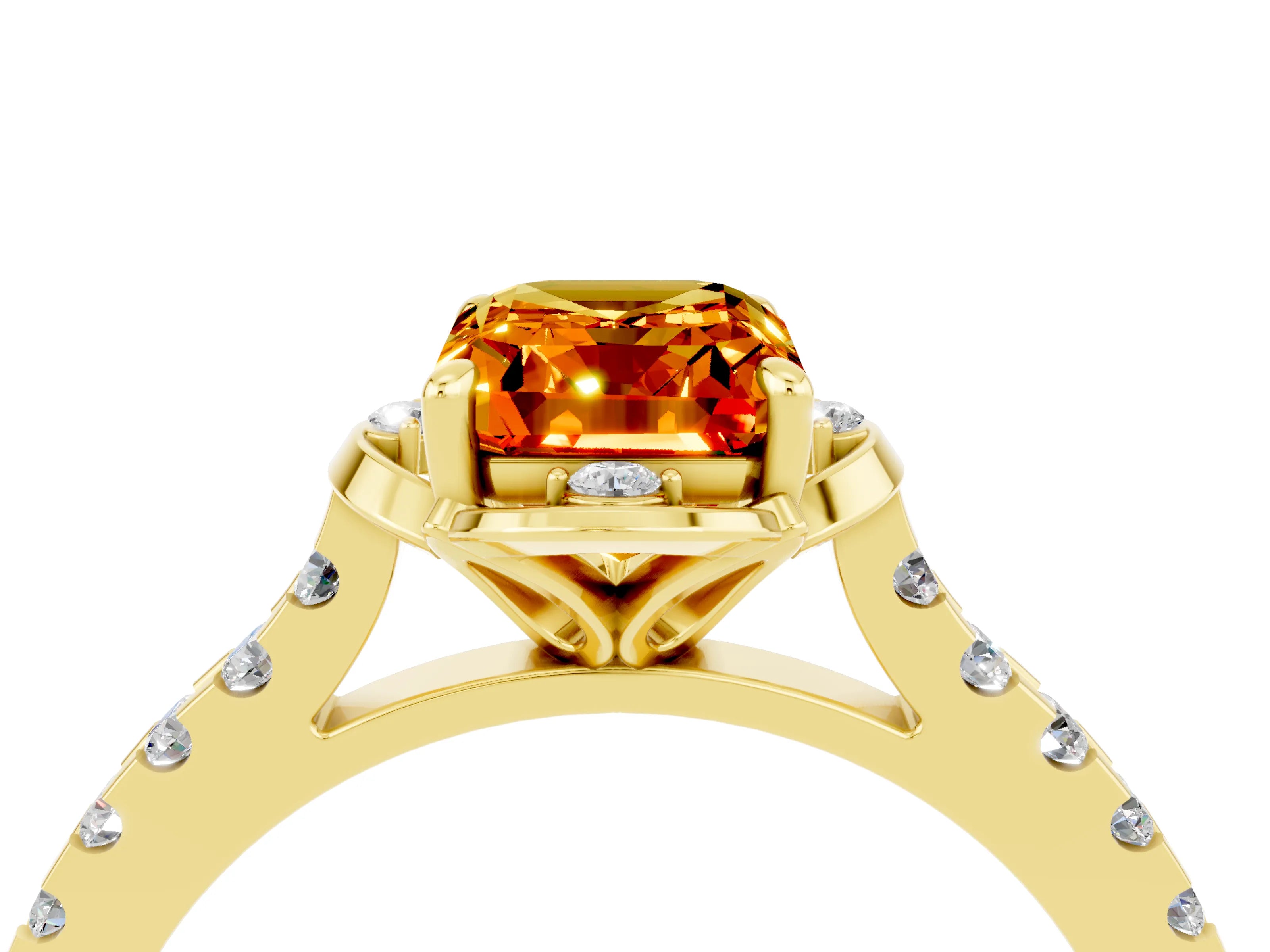 Yellow gold Emerald Cut Citrine Ring with Pavé Band and Floral Prong Setting_4