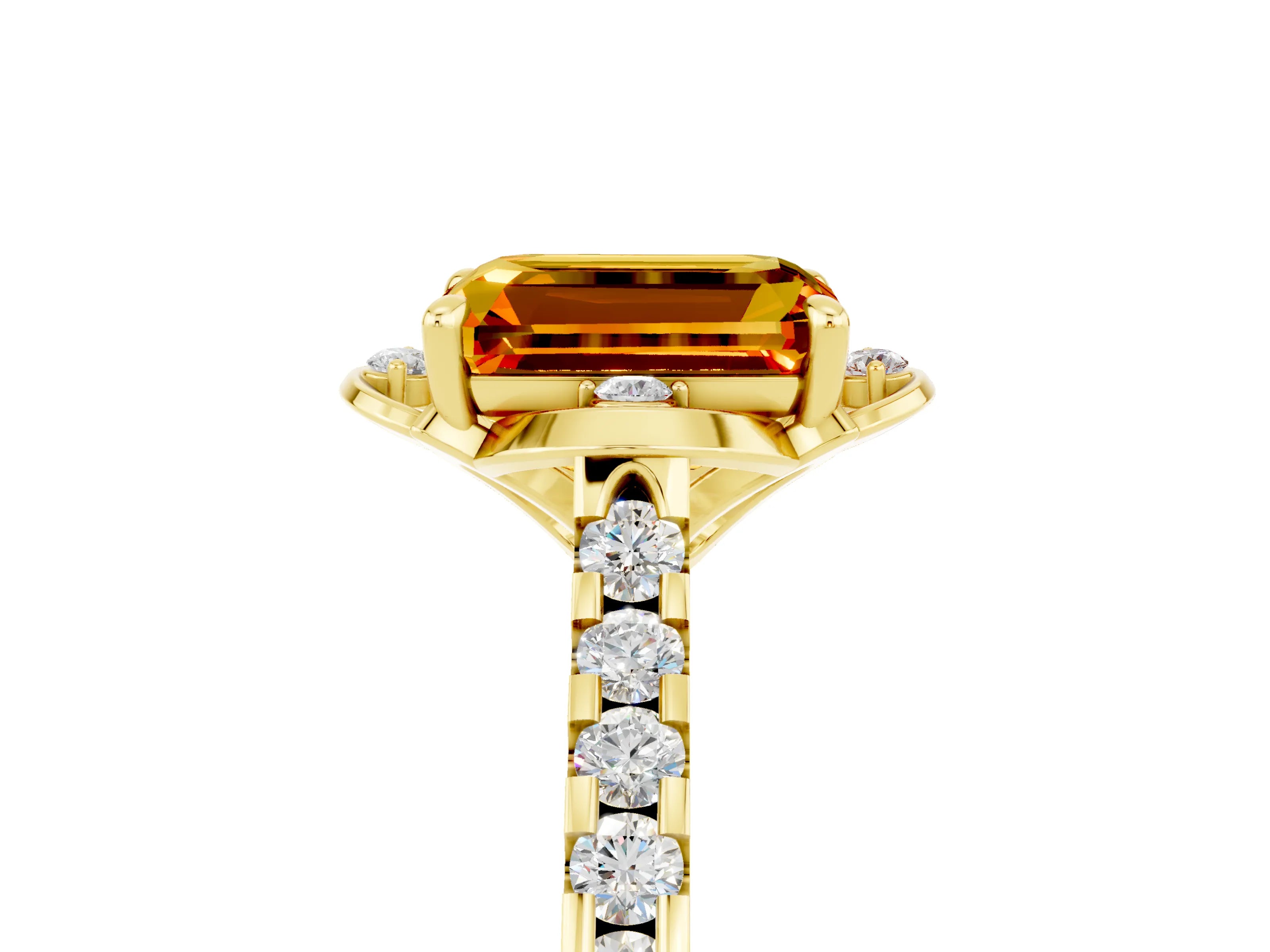 Yellow gold Emerald Cut Citrine Ring with Pavé Band and Floral Prong Setting_5