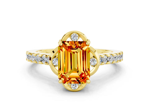 Yellow gold Emerald Cut Citrine Ring with Pavé Band and Floral Prong Setting