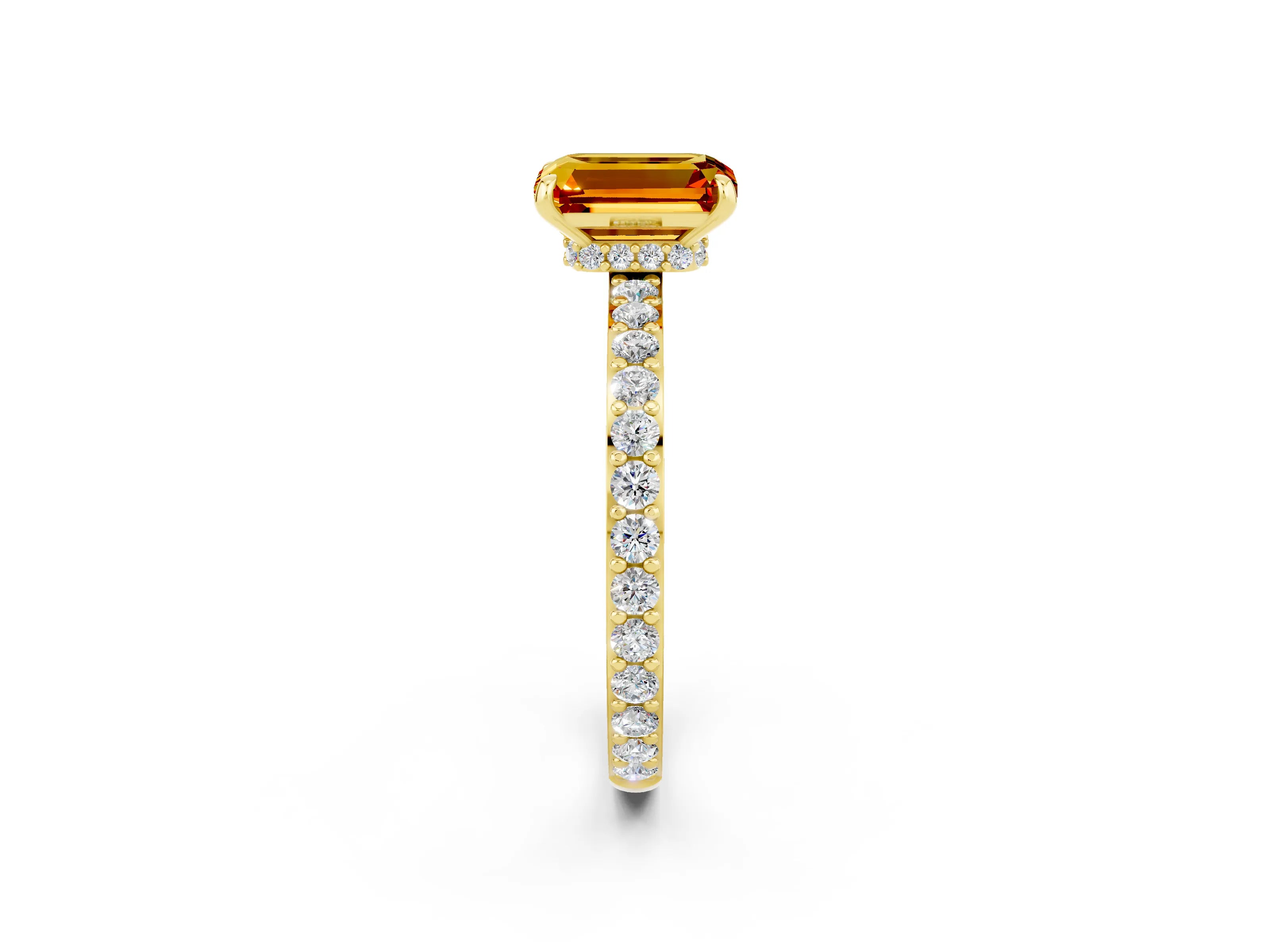 Yellow gold Emerald Cut Citrine Ring with Pavé Band and Four-Prong Setting_2
