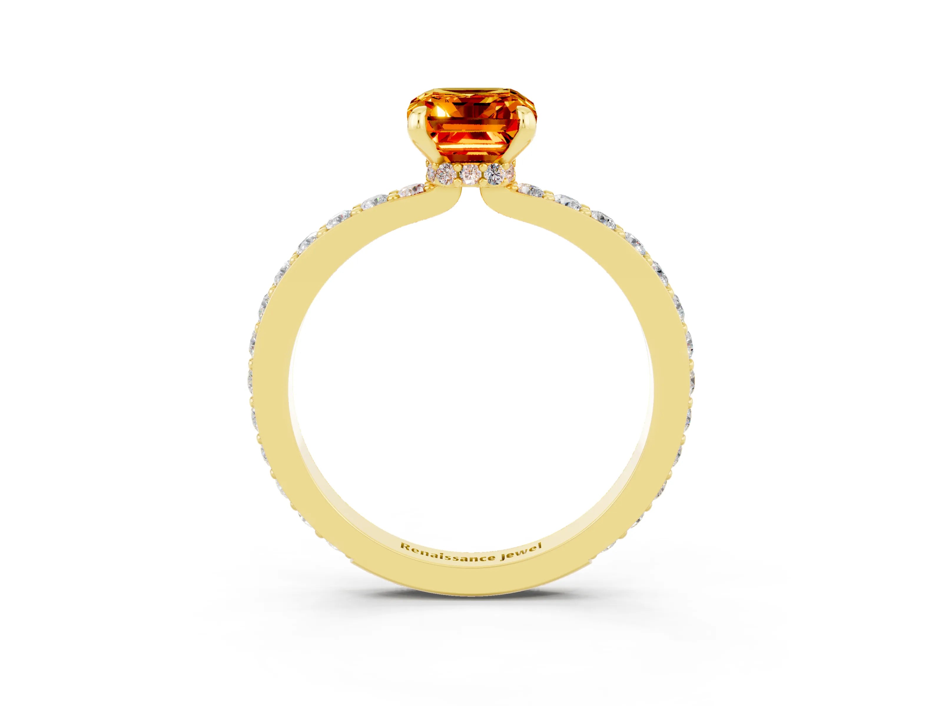 Yellow gold Emerald Cut Citrine Ring with Pavé Band and Four-Prong Setting_3