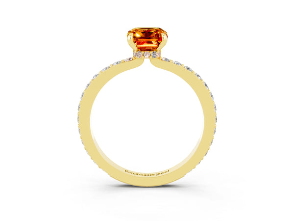 Yellow gold Emerald Cut Citrine Pavé Engagement Ring with Round  Accents and Prong Setting