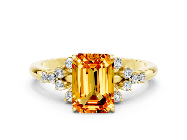 Yellow gold Emerald Cut Citrine Ring with Side Stones and Four-Prong Setting