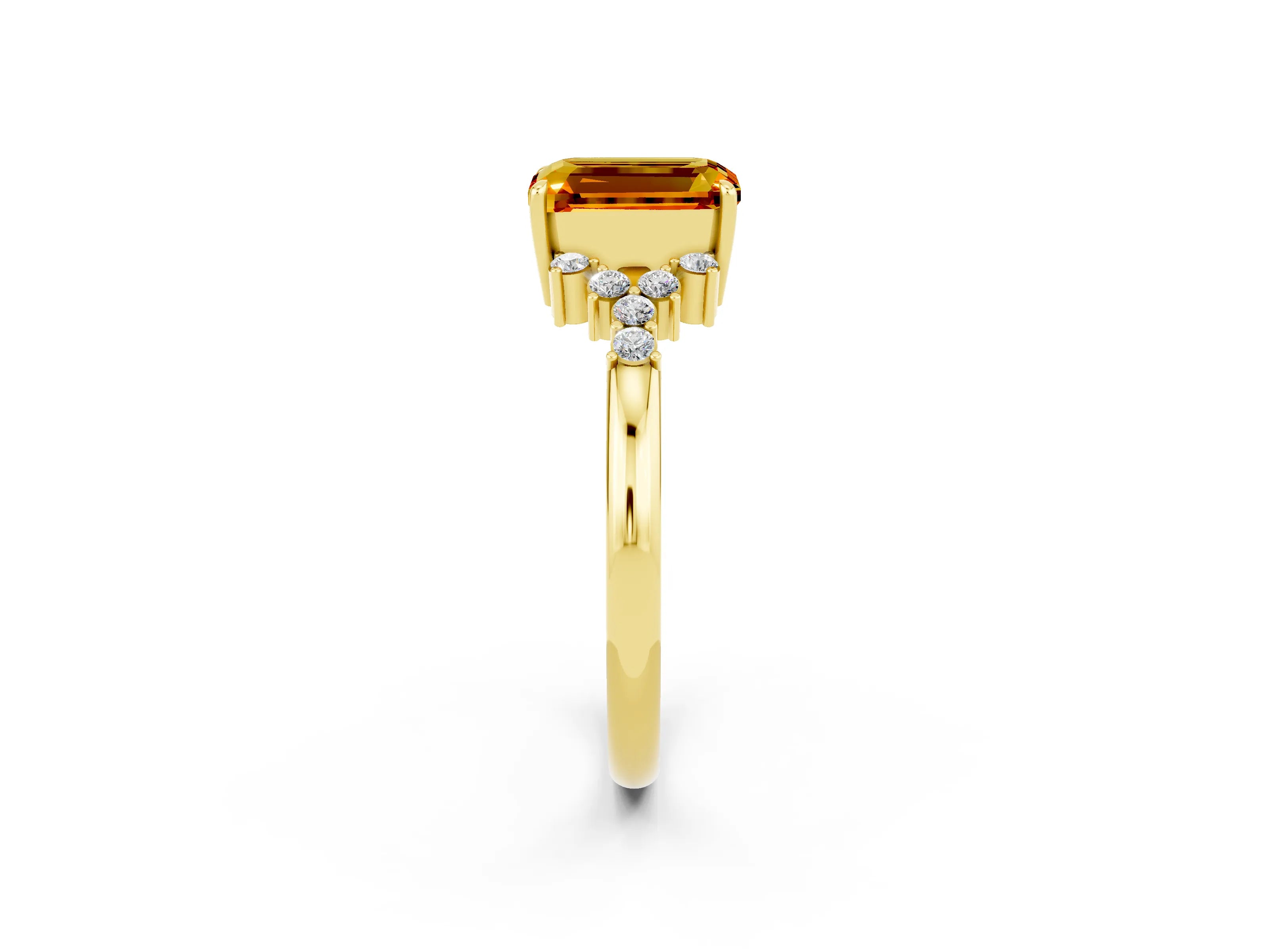 Yellow gold Emerald Cut Citrine Ring with Side Stones and Four-Prong Setting_38