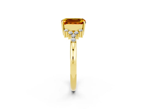 Yellow gold Emerald Cut Citrine Ring with Side Stones and Four-Prong Setting_38