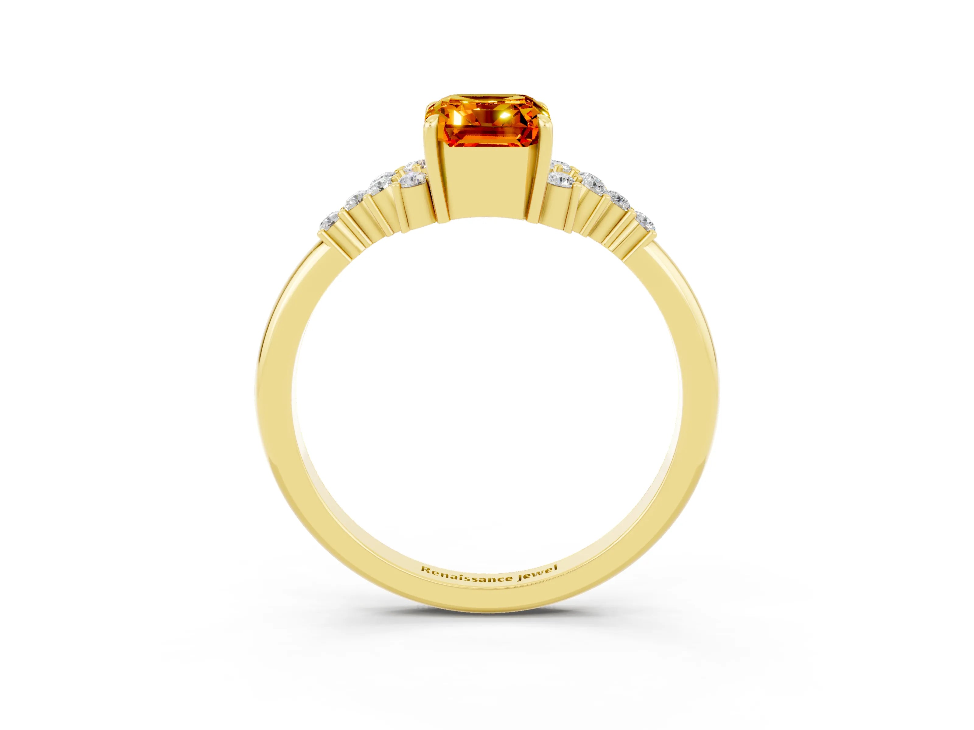 Yellow gold Emerald Cut Citrine Ring with Side Stones and Four-Prong Setting_39