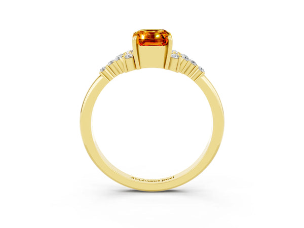 Yellow gold Emerald Cut Citrine Ring with Side Stones and Four-Prong Setting