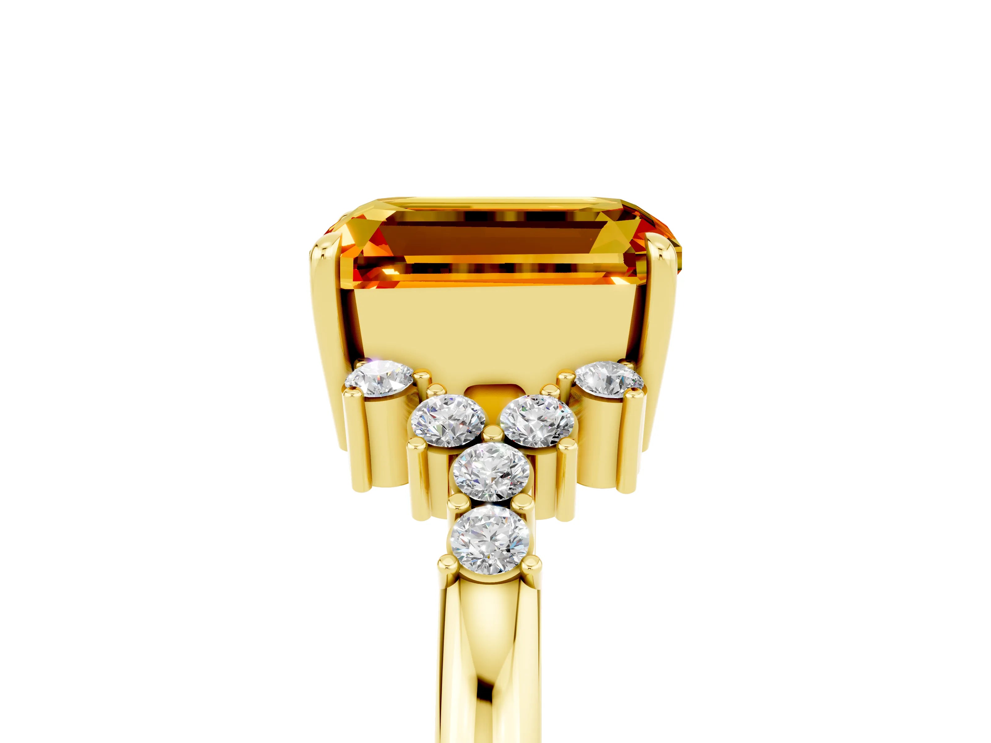 Yellow gold Emerald Cut Citrine Ring with Side Stones and Four-Prong Setting_41