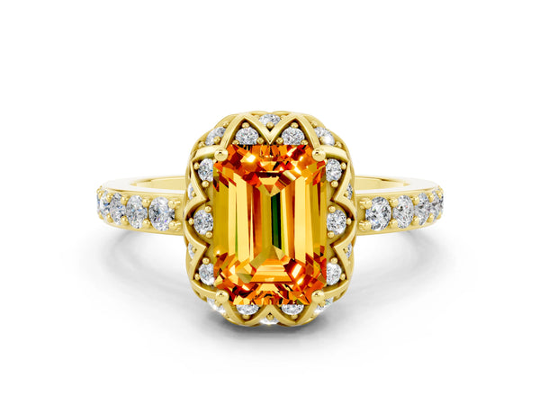 Yellow gold Emerald Cut Citrine Scalloped Halo Engagement Ring with Round Shared Prong Band