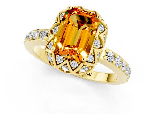 Yellow gold Emerald Cut Citrine Scalloped Halo Engagement Ring with Round Shared Prong Band