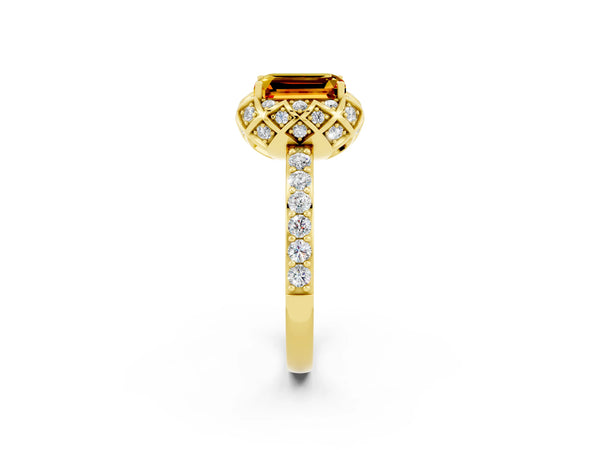 Yellow gold Emerald Cut Citrine Scalloped Halo Engagement Ring with Round Shared Prong Band