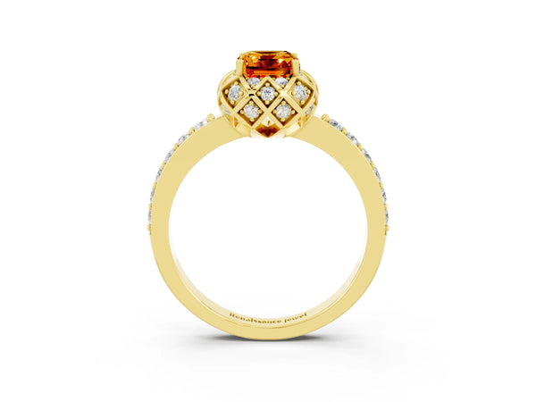 Yellow gold Emerald Cut Citrine Scalloped Halo Engagement Ring with Round Shared Prong Band