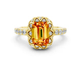 Yellow gold Emerald Cut Citrine Scalloped Halo Engagement Ring with Round Shared Prong Band_24