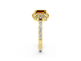Yellow gold Emerald Cut Citrine Scalloped Halo Engagement Ring with Round Shared Prong Band_26