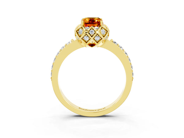 Yellow gold Emerald Cut Citrine Scalloped Halo Engagement Ring with Round Shared Prong Band
