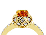 Yellow gold Emerald Cut Citrine Scalloped Halo Engagement Ring with Round Shared Prong Band_28