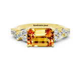 Yellow gold Emerald Cut Citrine Scattered Round Accent Ring with Prong Setting_12
