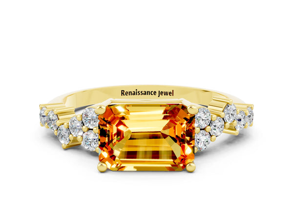Yellow gold Emerald Cut Citrine Scattered Round Accent Ring with Prong Setting