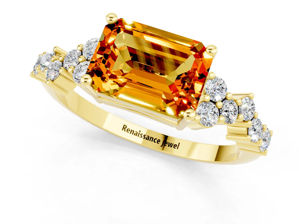 Yellow gold Emerald Cut Citrine Scattered Round Accent Ring with Prong Setting