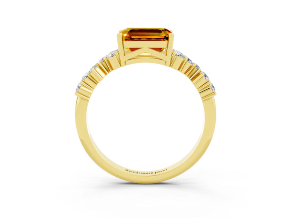 Yellow gold Emerald Cut Citrine Scattered Round Accent Ring with Prong Setting
