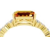 Yellow gold Emerald Cut Citrine Scattered Round Accent Ring with Prong Setting_16