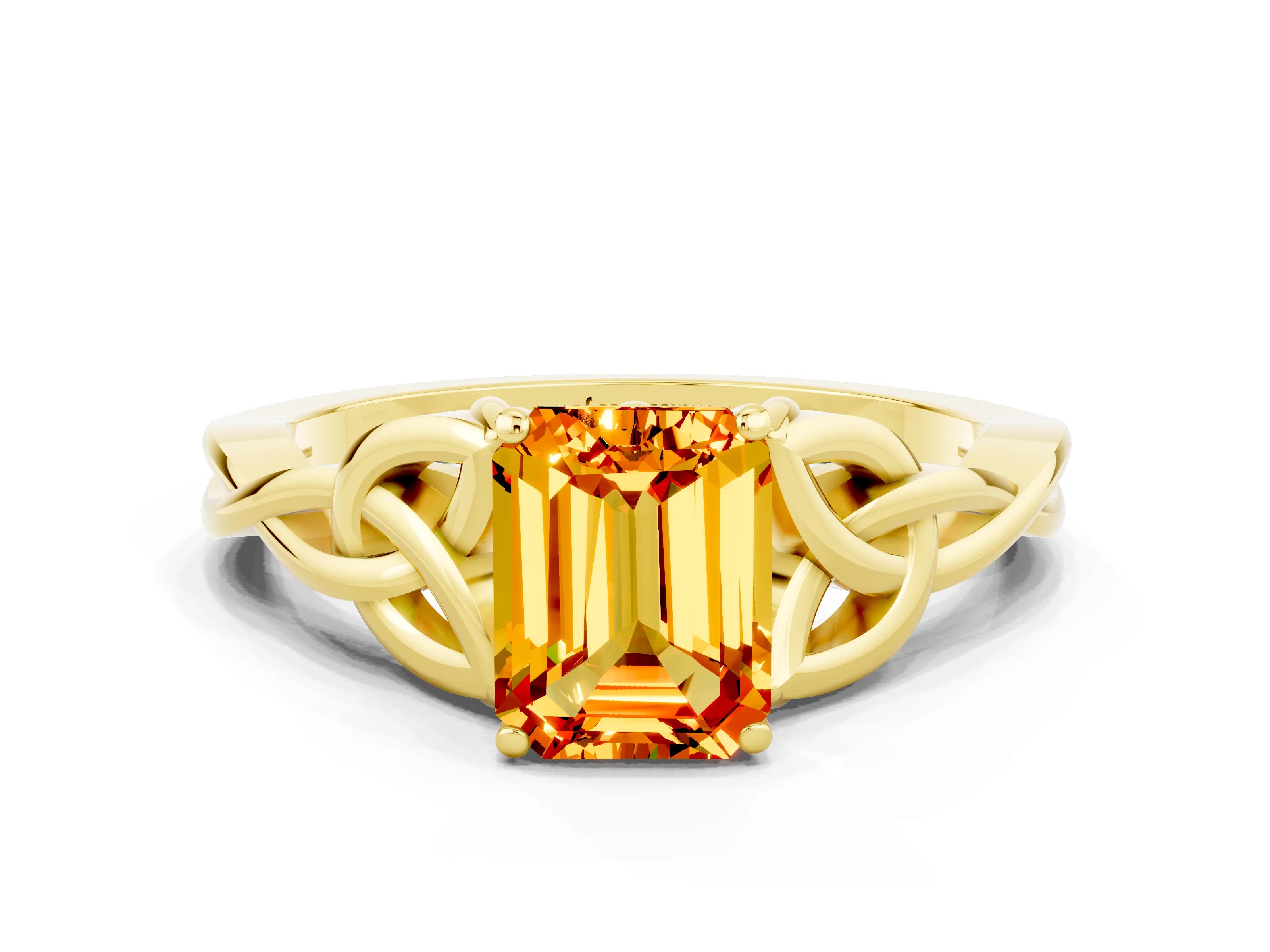 Yellow gold Emerald Cut Citrine Solitaire Celtic Knot Ring with Four-Prong Setting_12