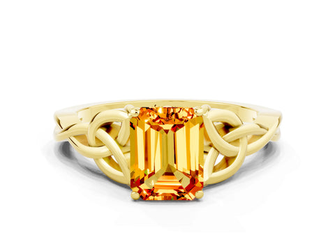 Yellow gold Emerald Cut Citrine Solitaire Celtic Knot Ring with Four-Prong Setting_12