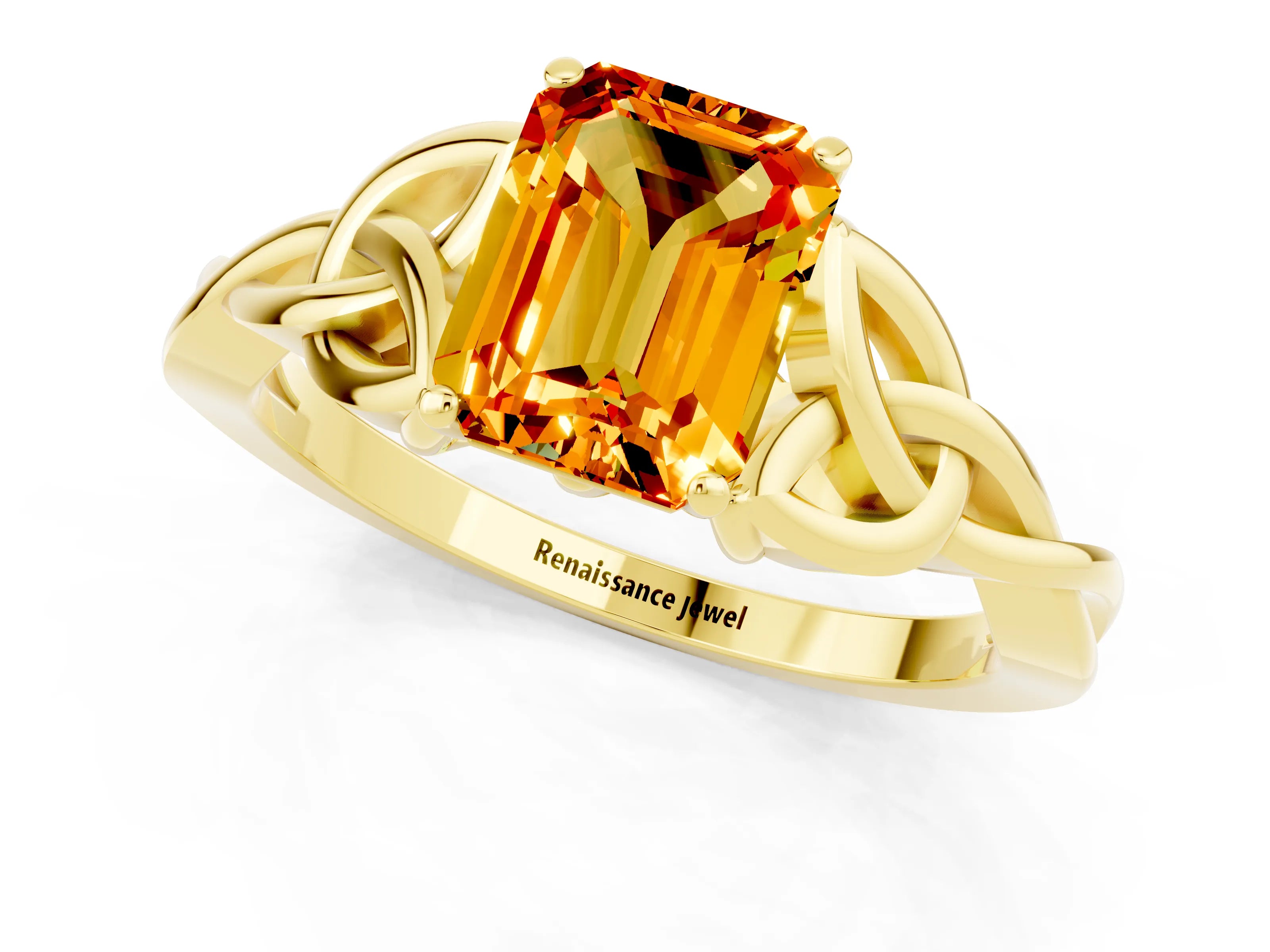 Yellow gold Emerald Cut Citrine Solitaire Celtic Knot Ring with Four-Prong Setting_13