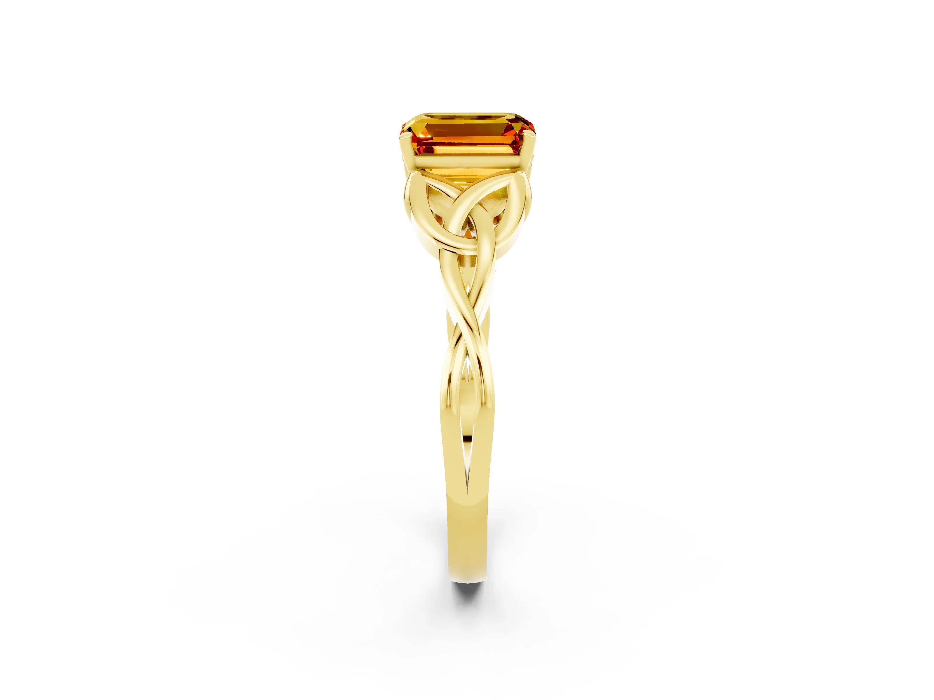 Yellow gold Emerald Cut Citrine Solitaire Celtic Knot Ring with Four-Prong Setting_14