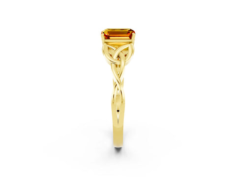 Yellow gold Emerald Cut Citrine Solitaire Celtic Knot Ring with Four-Prong Setting_14